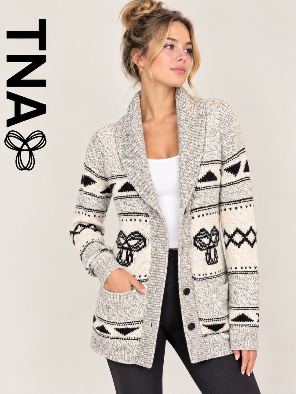 TNA 100% Lambswool Shawl Collar Patterned Cardigan Sweater